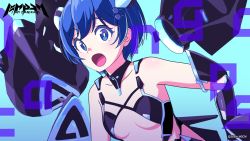 Rule 34 | 1girl, artist request, blue eyes, blue hair, breasts, collar, copyright name, hair ornament, highres, looking at viewer, magicami, official art, open mouth, short hair, small breasts, tomonaga kaori, underboob, wallpaper