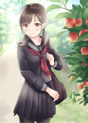 Rule 34 | 1girl, black pantyhose, black sailor collar, black serafuku, black shirt, black skirt, blurry, blurry background, blush, brown eyes, brown hair, closed mouth, collarbone, commentary request, depth of field, food, highres, holding strap, long hair, long sleeves, looking at viewer, low twintails, neckerchief, original, pantyhose, pleated skirt, red neckerchief, sailor collar, school uniform, serafuku, shirt, skirt, smile, solo, twintails, yukimaru217