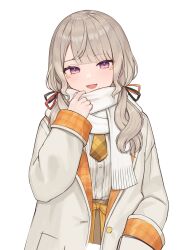 Rule 34 | 1girl, blazer, blunt bangs, buttons, facial mark, grey hair, hair ribbon, hand in pocket, hashtag-only commentary, highres, jacket, komori met, long hair, long sleeves, low twintails, multicolored clothes, multicolored jacket, necktie, open clothes, open jacket, open mouth, orange jacket, orange necktie, plaid clothes, plaid jacket, plaid necktie, purple eyes, ribbon, scarf, shirt, simple background, sn kaze, solo, twintails, upper body, virtual youtuber, vspo!, white background, white jacket, white scarf, white shirt