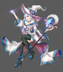 Rule 34 | 1girl, :d, bare shoulders, black footwear, black thighhighs, blue cape, breasts, cape, cleavage, crystal, dress, glowing, grey background, has bad revision, has downscaled revision, hat, high heels, highres, holding, holding staff, long hair, long sleeves, looking away, lunacle, magical girl, md5 mismatch, medium breasts, multicolored cape, multicolored clothes, off-shoulder dress, off shoulder, open mouth, original, purple eyes, resolution mismatch, round teeth, shoes, silver hair, simple background, smile, solo, source smaller, staff, striped, teeth, thighhighs, two-sided cape, two-sided fabric, upper teeth only, vertical stripes, white dress, white hat, wide sleeves, witch hat