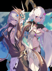 Rule 34 | 2girls, bangle, black dress, blue eyes, blush, bracelet, braid, breasts, center opening, cleavage, closed mouth, commission, cosplay, detached sleeves, dress, fediel (granblue fantasy), fediel (granblue fantasy) (cosplay), fingernails, flapper shirt, granblue fantasy, grey hair, grin, hair ornament, hand on own stomach, highres, horns, jewelry, kizuna akari, large breasts, lich (granblue fantasy), lich (granblue fantasy) (cosplay), loincloth, long hair, looking at another, looking at viewer, multiple girls, navel, outstretched arms, purple eyes, robe, sharp fingernails, shirt, shrug (clothing), skeb commission, small breasts, smile, sweatdrop, teeth, twin braids, vocaloid, voiceroid, white background, yuzuki yukari, zoruboi