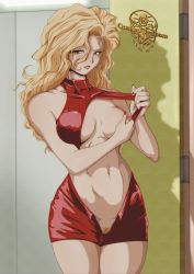 Rule 34 | 1990s (style), 1girl, big hair, blonde hair, blonde pubic hair, breasts, brown eyes, center opening, covered erect nipples, dress, eyeshadow, female pubic hair, golden boy, impossible clothes, impossible dress, latex, latex dress, linea alba, long hair, makeup, medium breasts, navel, nipples, no bra, no panties, one breast out, onna shachou, open fly, pubic hair, pussy, pussy peek, qualon, red dress, retro artstyle, grabbing own breast, short dress, solo, uncensored, unzipped, watermark
