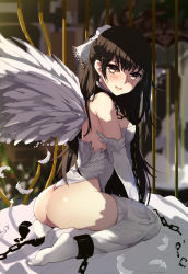 Rule 34 | 1girl, angel wings, ass, bba1985, black hair, blush, breasts, cage, chained, chain, cuffs, elbow gloves, feathered wings, feathers, from side, gloves, highres, leotard, long hair, looking at viewer, no shoes, original, parted lips, sitting, smile, solo, thong, thong leotard, white gloves, white legwear, white wings, wings
