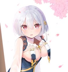 Rule 34 | 1girl, azur lane, bad id, bad pixiv id, blush, braid, breast curtains, breasts, cherry blossoms, china dress, chinese clothes, cleavage, commentary, dress, flower, grey dress, hair between eyes, hair flower, hair ornament, highres, large breasts, looking at viewer, neckwear between breasts, open mouth, pelvic curtain, petals, red eyes, revealing clothes, see-through, see-through sleeves, short hair, side braid, silver hair, sirius (azur lane), sirius (azure horizons) (azur lane), smile, solo, sssjj30, two-tone dress