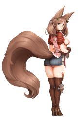 Rule 34 | 1girl, animal ear fluff, animal ears, ass, barbariank, belt, boots, breasts, brown footwear, brown gloves, brown hair, commentary, earrings, english commentary, fluffy, from behind, full body, gloves, granblue fantasy, high heel boots, high heels, highres, hip vent, jewelry, la coiffe (granblue fantasy), large breasts, large tail, long hair, looking at viewer, panties, puffy short sleeves, puffy sleeves, short sleeves, smile, solo, tail, thigh boots, thighhighs, transparent background, underwear, white panties