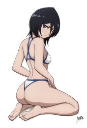 Rule 34 | 1girl, absurdres, ass, barefoot, bikini, black hair, bleach, breasts, commentary, english commentary, hair between eyes, highres, kuchiki rukia, looking at viewer, looking back, mistowing, purple eyes, short hair, simple background, small breasts, solo, swimsuit, thong bikini, white background, white bikini