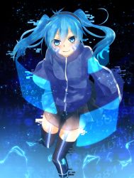 Rule 34 | 1girl, bad id, bad pixiv id, blue eyes, blue hair, ene (kagerou project), headphones, highres, kagerou project, long hair, long sleeves, matching hair/eyes, oto toki, smile, solo, thighhighs, twintails