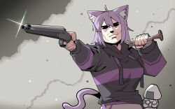 1girl absurdres ahoge animal_ear_fluff animal_ears bandaged_hand bandages baseball_bat black_hoodie cat_ears cat_girl cat_tail cocomayo29_(tomato) commentary_request double-barreled_shotgun gun highres holding holding_baseball_bat holding_gun holding_weapon hololive hood hoodie korean_commentary long_sleeves mad_max mad_max:_fury_road nekomata_okayu nekomata_okayu_(1st_costume) onigirya_(nekomata_okayu) over_shoulder parody purple_hair scene_reference shotgun solo tail upper_body virtual_youtuber weapon weapon_over_shoulder