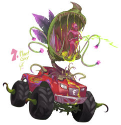 Rule 34 | 1girl, colored skin, commentary, controller, highres, monster girl, monster truck, motor vehicle, no eyes, open mouth, original, pink skin, plant, plant girl, remote control, stitched mouth, stitches, suggestive fluid, triple-q, vines, what