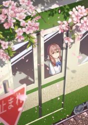 Rule 34 | 1girl, absurdres, blue bow, blue bowtie, bow, bowtie, bread fqy, brown eyes, brown hair, cherry blossoms, closed mouth, commentary request, from above, highres, koe no katachi, long hair, looking up, nishimiya shouko, railroad tracks, road sign, scenery, school uniform, shadow, shirt, sign, smile, solo, stop sign, train, white shirt