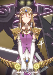 Rule 34 | 1girl, armor, bow (weapon), braid, brown hair, dress, closed eyes, glowing, glowing eyes, height difference, jewelry, nintendo, pointy ears, polarityplus, princess zelda, shield, solo focus, super smash bros., the legend of zelda, the legend of zelda: spirit tracks, the legend of zelda: twilight princess, tiara, unfinished, weapon