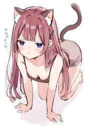 Rule 34 | 1girl, :&lt;, absurdres, all fours, animal ears, arm support, bare shoulders, barefoot, black tank top, blue eyes, blush, breasts, breasts apart, brown hair, cat ears, cat tail, closed mouth, collarbone, dot nose, fake animal ears, fake tail, grey shorts, highres, long bangs, looking ahead, original, shadow, shirt, shorts, sidelocks, simamura hibari, simple background, sleeveless, sleeveless shirt, small breasts, solo, tail, tank top, white background