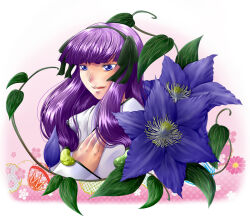 Rule 34 | 1girl, blue eyes, female focus, flower, izuna (onmyou taisenki), onmyou taisenki, petals, purple hair, smile, solo