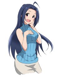 Rule 34 | 1girl, :d, ahoge, bad id, bad pixiv id, blue hair, brown eyes, dars (recolors), idolmaster, idolmaster (classic), long hair, looking at viewer, miura azusa, open mouth, ribbed sweater, simple background, sleeveless, sleeveless turtleneck, smile, solo, sweater, turtleneck, white background
