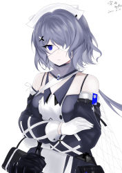 Rule 34 | 1girl, absurdres, arknights, bare shoulders, black dress, blue eyes, chinese commentary, commentary request, dated, dress, eyepatch, gloves, highres, looking at viewer, purple hair, ruoyun, short hair, simple background, solo, spaghetti strap, upper body, whisperain (arknights), white background, white gloves, white headwear