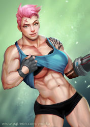 Rule 34 | 1girl, abs, asymmetrical gloves, breasts, clothes lift, fingerless gloves, gloves, green eyes, large breasts, looking at viewer, mismatched gloves, muscular, muscular female, navel, overwatch, overwatch 1, pink hair, scar, scar across eye, scar on face, shirt lift, short hair, short shorts, shorts, solo, tank top, tattoo, underboob, watermark, web address, ynorka chiu, zarya (overwatch)