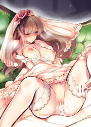 Rule 34 | 1girl, aftersex, amane ruri, anus, bar censor, blush, bra, breasts, breasts out, bride, brown hair, censored, couch, cum, cum in pussy, cum string, dress, erection, hand on own chest, highres, jewelry, large breasts, long hair, nipples, no bra, no panties, original, penis, purple eyes, ring, solo, spread legs, thighhighs, underwear, veil, wedding dress, wedding ring