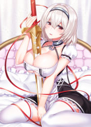 Rule 34 | 1girl, anchor, azur lane, between breasts, blurry, blurry background, blush, breasts, choker, cleavage, collarbone, dress, hair between eyes, hairband, highres, holding, holding sword, holding weapon, indoors, ken ill, lace-trimmed hairband, lace trim, large breasts, looking at viewer, on bed, open mouth, pillow, puffy sleeves, red eyes, red ribbon, ribbon, short hair, short sleeves, sidelocks, sirius (azur lane), sitting, smile, solo, sword, thighhighs, wariza, weapon, white hair, white thighhighs
