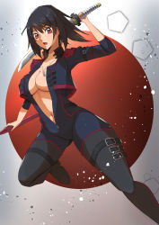Rule 34 | 1girl, absurdres, black hair, blue bodysuit, bodysuit, breasts, cameltoe, cleavage, code geass, code geass: boukoku no akito, collarbone, dog tags, grey background, hair between eyes, highres, holding, holding sheath, holding sword, holding weapon, katana, kousaka ayano, large breasts, leg up, medium hair, navel, open mouth, red eyes, sheath, solo, sword, unzipped, weapon, yone-chan (kuwm5222)