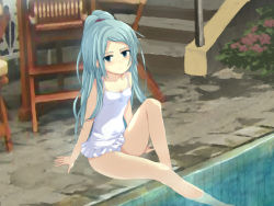Rule 34 | 1girl, barefoot, blue eyes, blue hair, blush, breasts, bush, chair, closed mouth, collarbone, frilled swimsuit, frills, head tilt, hide38, high ponytail, long hair, looking at viewer, official art, one-piece swimsuit, partially submerged, pool, satou kozue (seabed), seabed (visual novel), sitting, small breasts, smile, solo, stairs, swimsuit, very long hair, water, white one-piece swimsuit