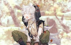 Rule 34 | 1boy, animal, animal on head, bandages, belt, bird, blurry, blurry background, blush, closed eyes, falling leaves, fang, food, fruit, genshin impact, grass, hair between eyes, hood, hood up, jewelry, leaf, long hair, male focus, nature, necklace, on head, open mouth, outdoors, razor (genshin impact), rock, scar, scar on face, sitting, tart a, tree, turtleneck, twitter username, very long hair, yawning