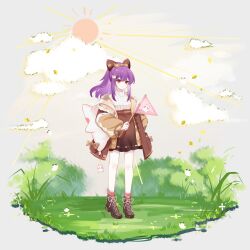 Rule 34 | 1girl, absurdres, ankle boots, anqing, backpack, bag, bag charm, bcy, boots, brown coat, brown footwear, brown skirt, bug, butterfly, charm (object), cloud, coat, cross-laced footwear, faux figurine, flag, full body, grass, highres, holding, holding flag, insect, lace-up boots, long hair, miao jiujiu, ponytail, purple hair, red eyes, skirt, solo, standing, sun, sweater, transparent background, tree, turtleneck, turtleneck sweater, white butterfly, white sweater