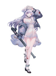 Rule 34 | 1girl, absurdres, arm up, bare legs, bare shoulders, black footwear, breasts, character request, commentary request, copyright request, dress, full body, grey eyes, grey hair, grey jacket, grin, highres, holding, jacket, long hair, long sleeves, looking at viewer, medium breasts, off shoulder, one eye closed, open clothes, open jacket, parted lips, sheya, shoes, short dress, simple background, smile, socks, solo, standing, v, very long hair, white background, white dress, white headwear, white socks