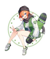 Rule 34 | 1girl, :d, bare legs, beanie, black hat, black scarf, blue eyes, braid, clover, commentary request, four-leaf clover, full body, go-toubun no hanayome, green vest, hair between eyes, hat, highres, holding, holding skateboard, long sleeves, looking at viewer, low twin braids, nakano yotsuba, no socks, open clothes, open mouth, open vest, orange hair, scarf, shirt, shoes, sidelocks, skateboard, smile, sneakers, solo, twin braids, v, vest, white background, white footwear, white shirt, yunweishukuang