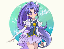 Rule 34 | 10s, 1girl, arm warmers, brooch, character name, cure fortune, detached sleeves, dress, earrings, english text, fingerless gloves, gloves, happinesscharge precure!, heart, heart brooch, hikawa iona, jewelry, long hair, looking at viewer, magical girl, ponytail, precure, purple dress, purple eyes, purple hair, purple skirt, ribbon, skirt, smile, solo, standing, venuscho, wide ponytail
