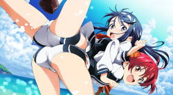 Rule 34 | 2girls, ass, ass-to-ass, back-to-back, bent over, black hair, blue eyes, bow, brown eyes, brown hair, carrying, detexted, from behind, futaba aoi (vividred operation), hairband, highres, isshiki akane, leg lift, lifting person, locked arms, long hair, looking back, lying, magazine scan, multiple girls, national shin ooshima school uniform, official art, on back, open mouth, scan, school uniform, short hair, short shorts, shorts, smile, spread legs, stretching, tanaka yuusuke, third-party edit, twintails, vividred operation