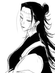 1girl baby black_hair black_robe earrings fallsoki genderswap genderswap_(mtf) getou_suguru getou_suguru_(kenjaku) hair_bun head_tilt holding_baby jewelry jujutsu_kaisen long_earlobes looking_down robe stitches