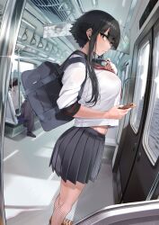 Rule 34 | 1boy, 1girl, absurdres, black bag, black hair, black skirt, breasts, brown eyes, brown footwear, cellphone, commentary request, highres, holding, holding phone, jovejun, large breasts, long hair, navel, original, parted lips, phone, pleated skirt, sidelocks, sitting, skirt, smartphone, solo focus, standing, thick eyebrows, thighs, train, train interior, tsubomioka happa