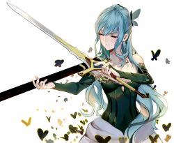 Rule 34 | 10s, 1girl, aqua hair, bare shoulders, blue hair, breasts, bug, butterfly, butterfly hair ornament, character request, dress, closed eyes, green dress, hair ornament, highres, holding, holding sword, holding weapon, bug, long hair, lost song, sheath, small breasts, solo, sword, tears, very long hair, weapon, xinhong ditan