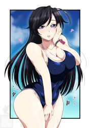 Rule 34 | 1girl, ahoge, black eyes, black hair, blue hair, blue one-piece swimsuit, breasts, cleavage, competition school swimsuit, covered erect nipples, cowboy shot, girls und panzer, hand on own face, highres, ichijou takakiyo, isuzu hana, large breasts, long hair, looking at viewer, one-piece swimsuit, school swimsuit, swimsuit, tag
