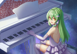 Rule 34 | 1girl, absurdres, alternate costume, backless dress, backless outfit, dress, elbow gloves, floral print, frog hair ornament, gloves, green hair, hair ornament, hair tubes, highres, instrument, kochiya sanae, long hair, night, night sky, open mouth, piano, piaoluo de ying huaban, rose print, single hair tube, sky, smile, snake hair ornament, solo, star (sky), strapless, strapless dress, thighhighs, touhou, white dress, white gloves, white thighhighs, yellow eyes