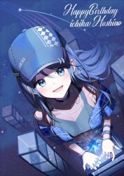 1girl :d absurdres baseball_cap black_hair blue_eyes blue_hair blue_nails blush bracelet earrings from_above happy_birthday hat highres hoshino_ichika_(project_sekai) jacket jewelry long_hair looking_at_viewer looking_up nail_polish necklace night off_shoulder open_mouth project_sekai see-through_clothes shirt sky smile solo sora_(men0105) star_(sky) star_(symbol) starry_sky