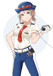 Rule 34 | 1girl, absurdres, belt, belt buckle, blue eyes, blue headwear, blue pants, brown hair, buckle, closed mouth, collared shirt, dress shirt, gloves, hand on own hip, highres, holding, looking at viewer, love live!, love live! school idol festival, love live! sunshine!!, necktie, pants, pen in pocket, red necktie, sazao2130, shirt, short hair, short sleeves, short twintails, smile, solo, standing, striped necktie, striped neckwear, twintails, uniform, watanabe you, white background, white belt, white gloves, white shirt, wing collar
