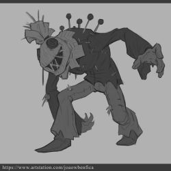 Rule 34 | absurdres, artist name, button eyes, buttons, copyright request, grey background, greyscale, highres, joaowbenfica, long sleeves, looking at viewer, monochrome, open mouth, pants, scarecrow, shirt, shoes, standing, torn clothes, torn pants, torn shirt, watermark, web address