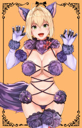 Rule 34 | 1girl, ahoge, animal ears, bad id, bad twitter id, bare shoulders, blonde hair, blush, breasts, claw pose, cleavage, cocq taichou, cosplay, fate/extra, fate/grand order, fate (series), fingernails, fur-trimmed gloves, fur-trimmed legwear, fur collar, fur trim, gloves, green eyes, hair intakes, halloween costume, large breasts, long hair, looking at viewer, mash kyrielight, mash kyrielight (dangerous beast), mash kyrielight (dangerous beast) (cosplay), nero claudius (fate), nero claudius (fate) (all), nero claudius (fate/extra), o-ring, official alternate costume, open mouth, purple gloves, purple thighhighs, revealing clothes, sharp fingernails, smile, tail, thighhighs, thighs, wide hips, wolf ears, wolf tail