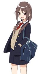 Rule 34 | 1girl, :d, bag, black jacket, black skirt, blazer, blush, brown cardigan, brown eyes, brown hair, cardigan, collared shirt, hair over shoulder, hand in pocket, jacket, kantai collection, long hair, long sleeves, looking at viewer, low twintails, necktie, open clothes, open jacket, open mouth, pleated skirt, red necktie, school bag, school uniform, shirt, simple background, skirt, smile, solo, twintails, white background, white shirt, zarashi, zuihou (kancolle)