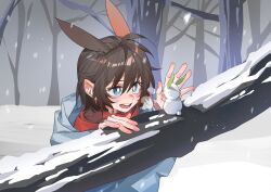 Rule 34 | 1girl, amiya (arknights), amiya (fresh fastener) (arknights), animal ears, arknights, blue eyes, branch, breath, bright pupils, brown hair, coat, commentary, highres, mini snowman, molu stranger, open mouth, outdoors, rabbit ears, short hair, smile, snow, snowing, solo, tree, upper body, white coat, white pupils
