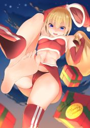 Rule 34 | 1girl, absurdres, arm warmers, barefoot, blonde hair, blue eyes, boots, box, cameltoe, christmas, feet, gift, gift box, hat, highres, ju yorimoto (ranten yume), looking at viewer, open mouth, panties, pantyshot, sack, santa costume, santa hat, shoes, unworn shoes, short hair, skirt, soles, strapless, thigh boots, thighhighs, toes, tube top, underwear