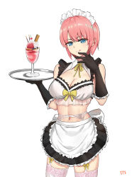 Rule 34 | 1girl, :q, apron, back bow, black gloves, black skirt, blue eyes, blush, bow, breasts, cleavage, closed mouth, cyicheng, frilled gloves, frills, garter belt, garter straps, gloves, go-toubun no hanayome, hair between eyes, large breasts, looking at viewer, maid, maid headdress, midriff, nakano ichika, navel, parfait, pink hair, short hair, simple background, skirt, sleeveless, smile, solo, thighhighs, tongue, tongue out, tray, waist apron, white apron, white background, white thighhighs, yellow bow