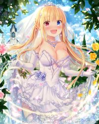 Rule 34 | 1girl, blonde hair, blue eyes, blush, bracelet, breasts, bride, cleavage, clothes lift, dress, earrings, elbow gloves, falkyrie no monshou, fang, gloves, heterochromia, jewelry, large breasts, lifting own clothes, long hair, looking at viewer, natsumekinoko, necklace, official art, open mouth, red eyes, skirt, skirt lift, smile, solo, thighhighs, wedding, wedding dress, white gloves, white thighhighs