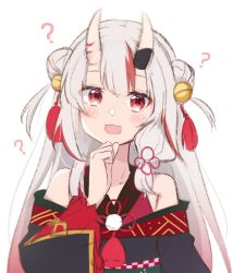 Rule 34 | 1girl, :d, ?, bare shoulders, bell, black kimono, blush, commentary request, double bun, grey hair, hair bell, hair bun, hair ornament, hand up, hololive, horns, hot kakigoori, japanese clothes, jingle bell, kimono, long hair, long sleeves, looking at viewer, multicolored hair, nakiri ayame, nakiri ayame (1st costume), off shoulder, oni, open mouth, red eyes, red hair, ribbon trim, simple background, skin-covered horns, smile, solo, streaked hair, two side up, upper body, virtual youtuber, white background, wide sleeves