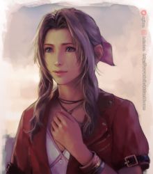 Rule 34 | 1girl, aerith gainsborough, belt, bracelet, brilcrist, brown hair, buttons, choker, dress, female focus, final fantasy, final fantasy vii, final fantasy vii remake, green eyes, jacket, jewelry, lips, pink dress, red jacket, ribbon, simple background, solo, square enix, wavy hair, zipper