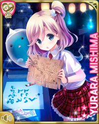 Rule 34 | 1girl, :o, beads, blonde hair, bracelet, brush, card (medium), flashlight, ghost, girlfriend (kari), graveyard, grey eyes, japanese text, jewelry, looking at viewer, map, mishima yurara, necklace, neckwear request, official art, open mouth, outdoors, plaid, plaid skirt, qp:flapper, red skirt, short hair, side ponytail, sign, skirt, solo, standing, tagme, translation request