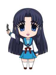 Rule 34 | 00s, asakura ryouko, blue eyes, blue hair, chibi, knife, long hair, school uniform, serafuku, solo, suzumiya haruhi no yuuutsu, tofu juuji