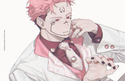 Rule 34 | 1boy, black hair, black nails, collared shirt, cuff links, extra eyes, eyebrows, fingernails, formal, hello kitty, hello kitty (character), jacket, jewelry, jujutsu kaisen, k00s, long sleeves, multicolored hair, nail polish, necktie, pale skin, parted lips, pink hair, red eyes, red shirt, ring, ryoumen sukuna (jujutsu kaisen), sanrio, shirt, short hair, simple background, sleeves past elbows, sticker, striped, suit, tattoo, two-tone hair, white background, white jacket, white neckwear, white suit