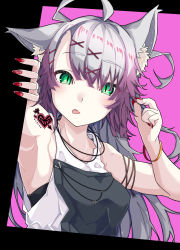 Rule 34 | 1girl, absurdres, ahoge, animal ear fluff, animal ears, armpits, atalanta (fate), atalanta alter (fate), bare shoulders, breasts, cat ears, commentary request, fate/grand order, fate (series), fingernails, gradient hair, green eyes, grey hair, hair between eyes, hair ornament, hairclip, hands up, head tilt, highres, kirishina (raindrop-050928), medium breasts, multicolored hair, nail polish, pink background, purple hair, red nails, slit pupils, solo, tank top, upper body, white tank top, x hair ornament